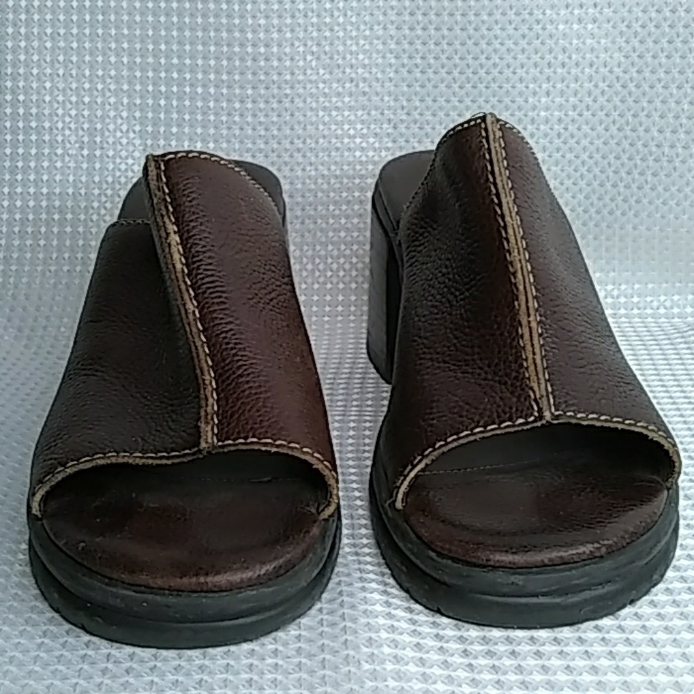 MIA brown leather slip on mules stacked heel